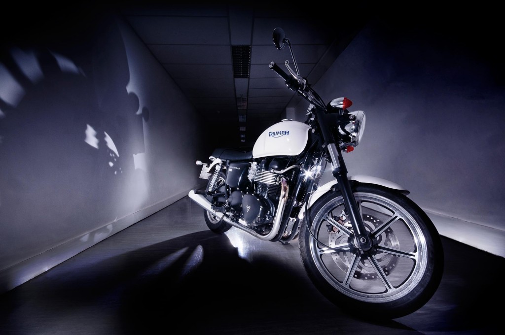 Triumph motorcycle in a corridor